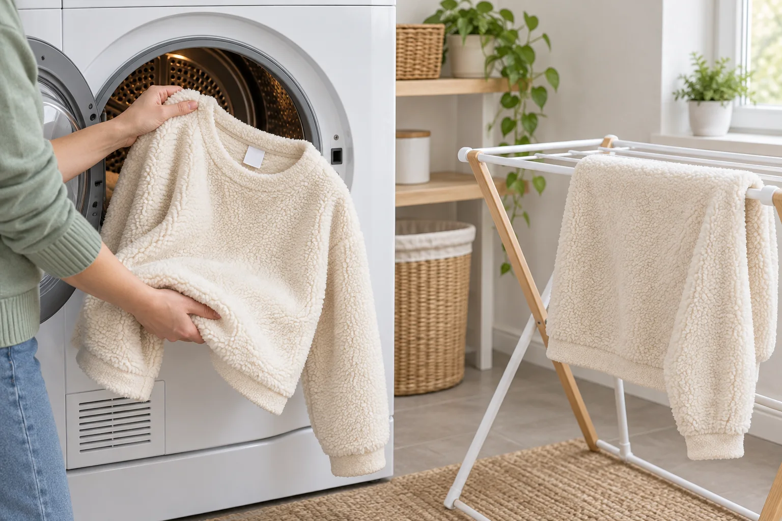 Haut pilou-pilou sorti du sèche-linge puis posé sur un étendoir