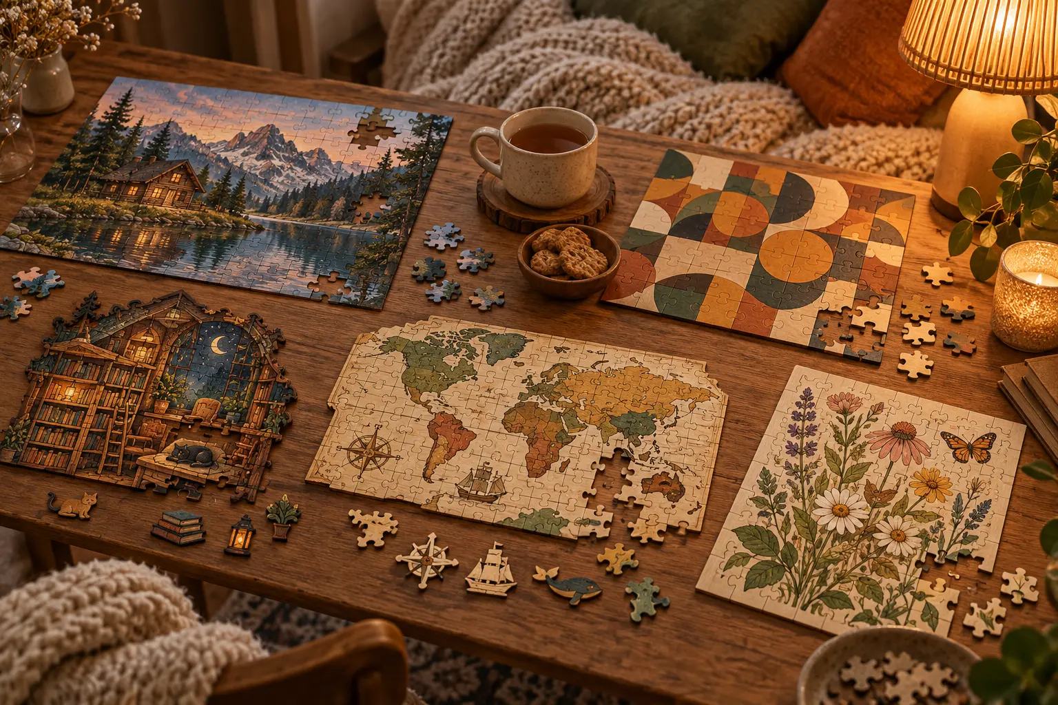 Cinq styles de puzzles en bois disposés avec thé et couverture